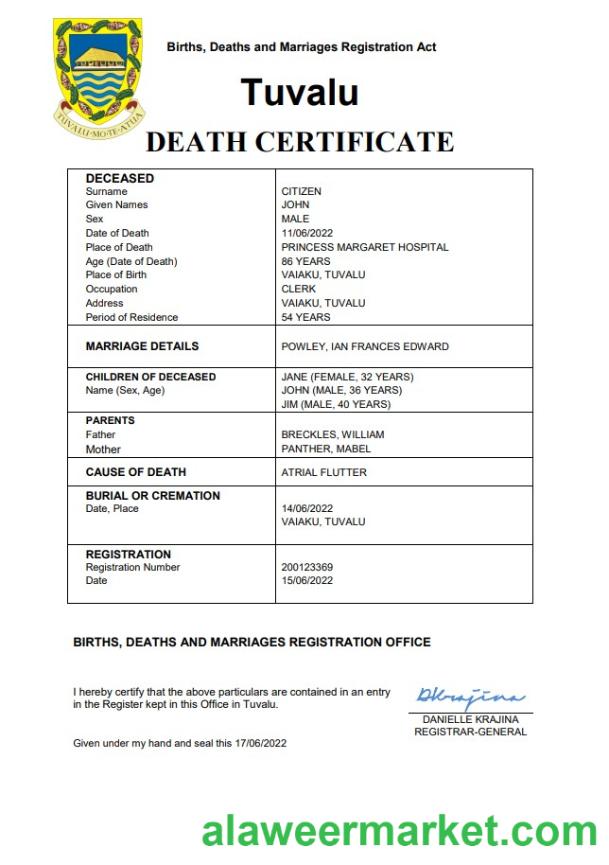 Tuvalu vital record death certificate Word and PDF template